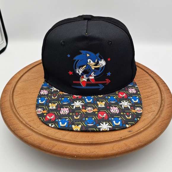 Sonic The Hedgehog Other - Sonic the Hedgehog SEGA Snapback Hat Character Collage Brim Black Blue Gamer Cap